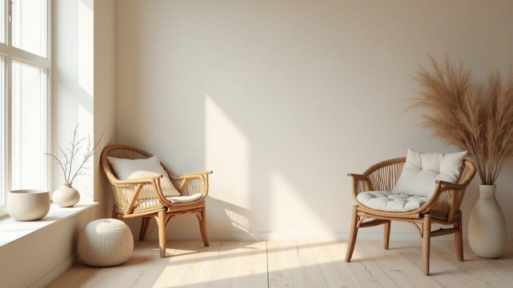 Two rattan armchairs with white cushions, handmade ceramic vases on a windowsill and pampas grass, wabi-sabi home decor with natural textures