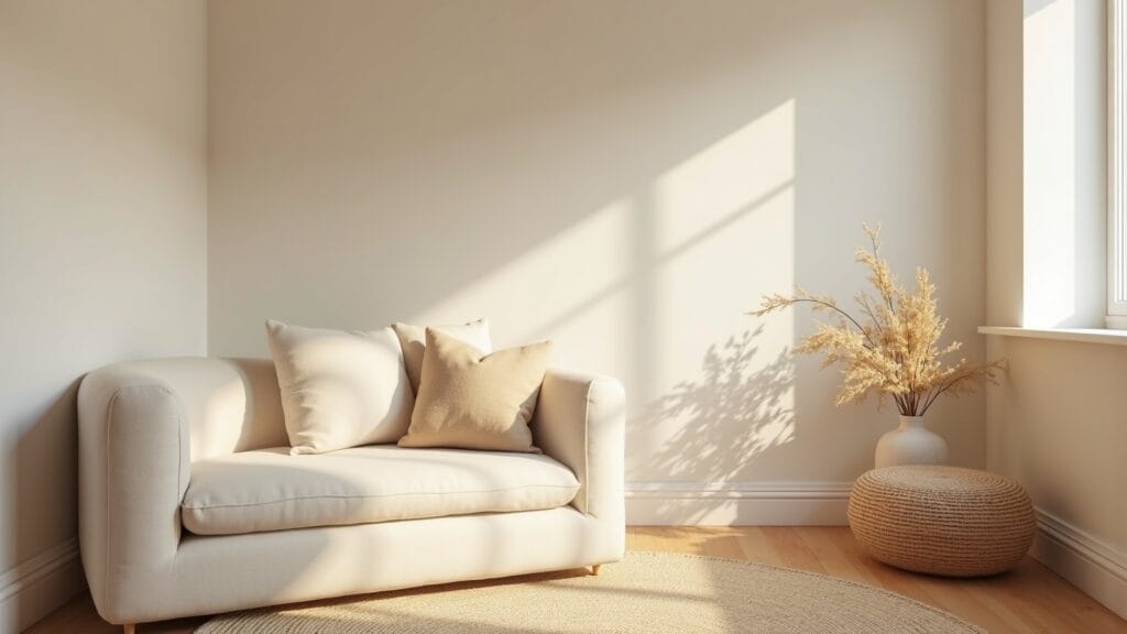 Cream sofa with linen cushions in a sunlit corner, dried grasses in a white vase on a woven jute pouf, organic modern decor in warm neutral tones