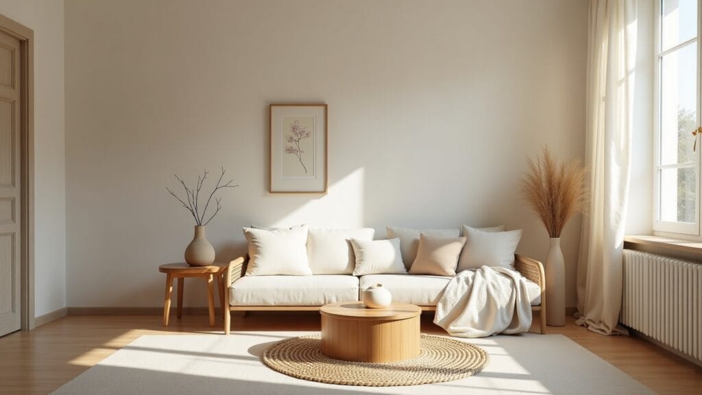 Calm living room with a cream sofa, round wood coffee table, jute rug and dried pampas grass, earthy home decor in soft natural tones