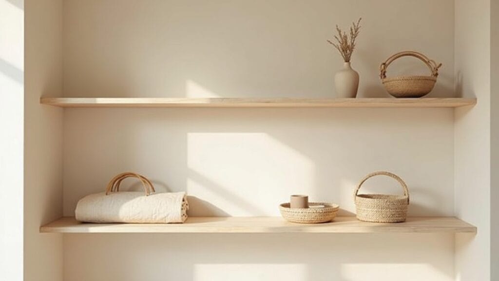 neutral shelf styling — calm interior