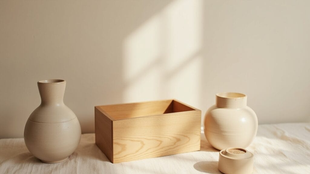 wooden keepsake boxes — calm interior