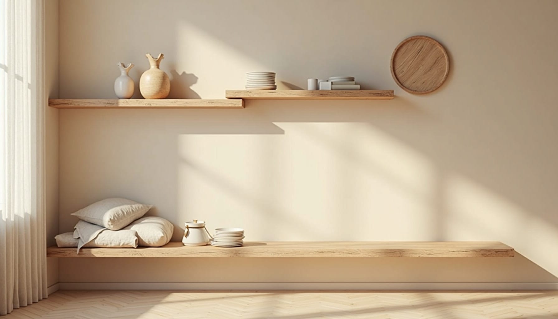 decorating floating shelves — natural textures