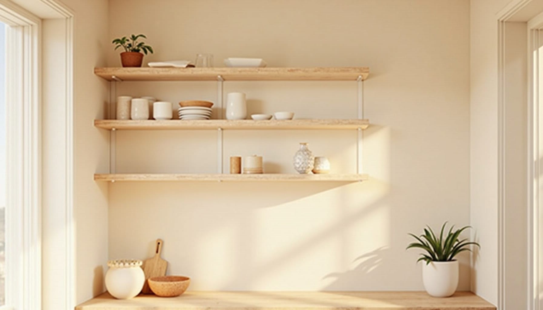 kitchen open shelving ideas — natural textures