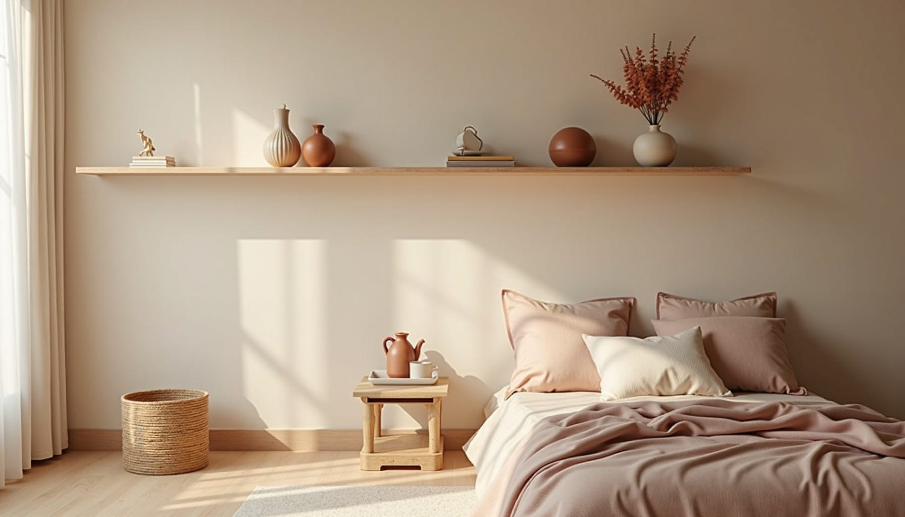 bedroom floating shelves ideas — natural textures