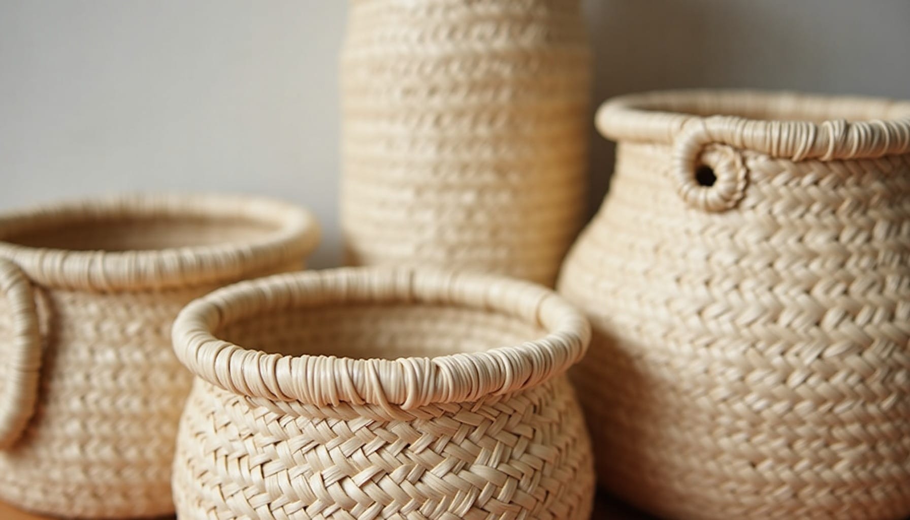seagrass basket storage — warm minimal detail