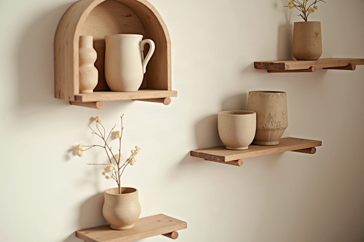 rustic wall shelves, warm minimal detail