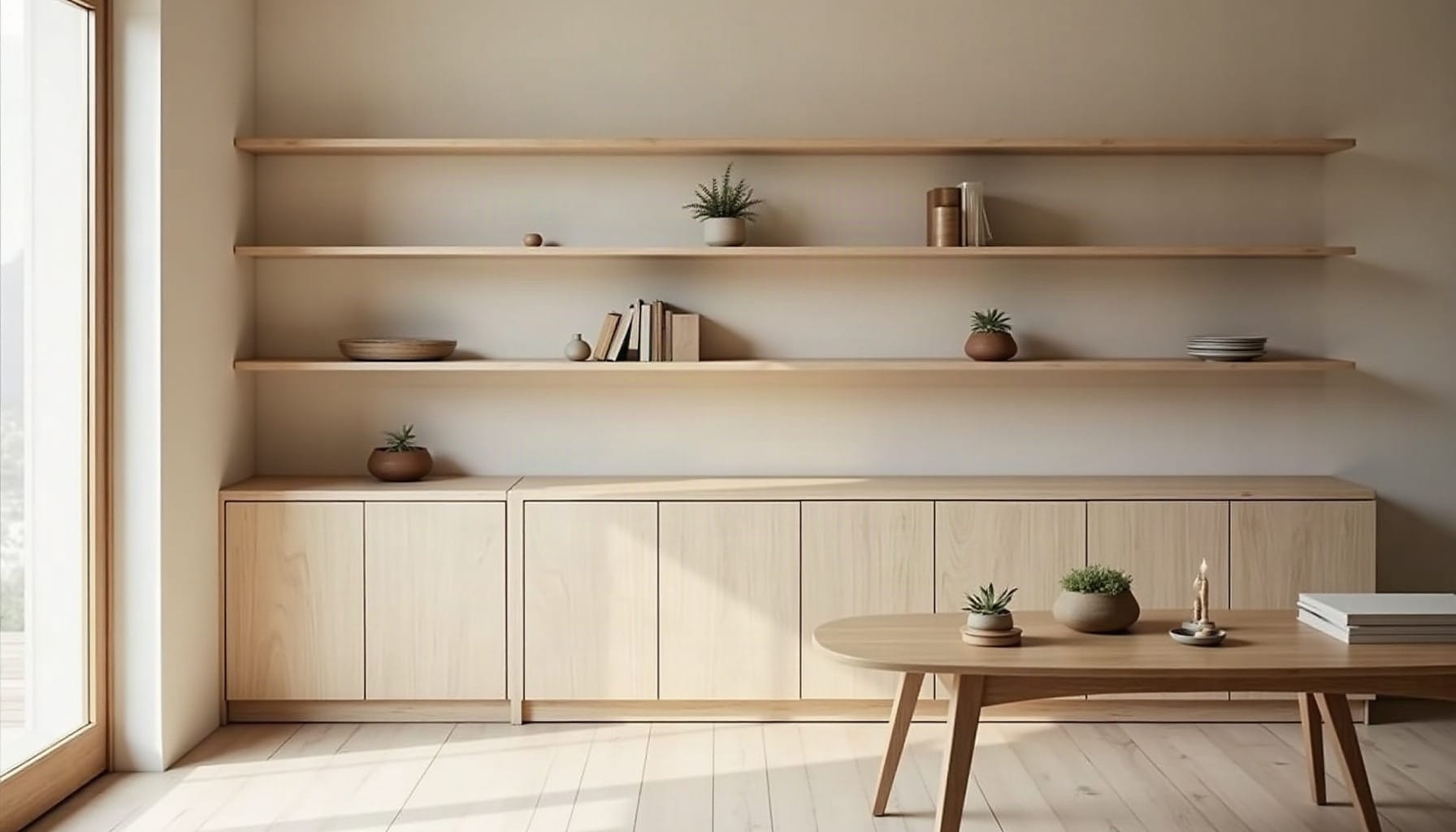 light oak shelves, natural textures