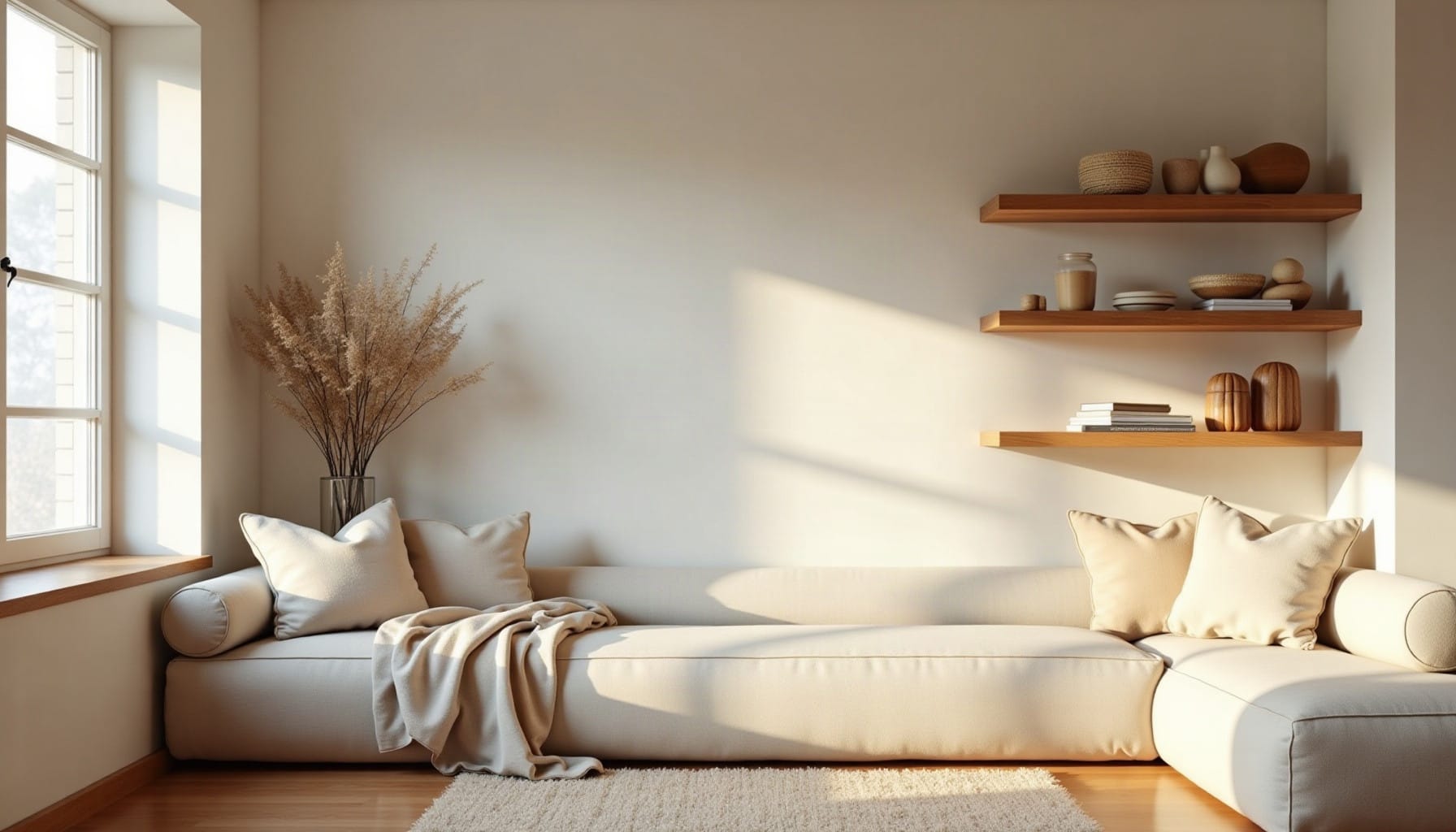 rustic oak shelves — natural textures