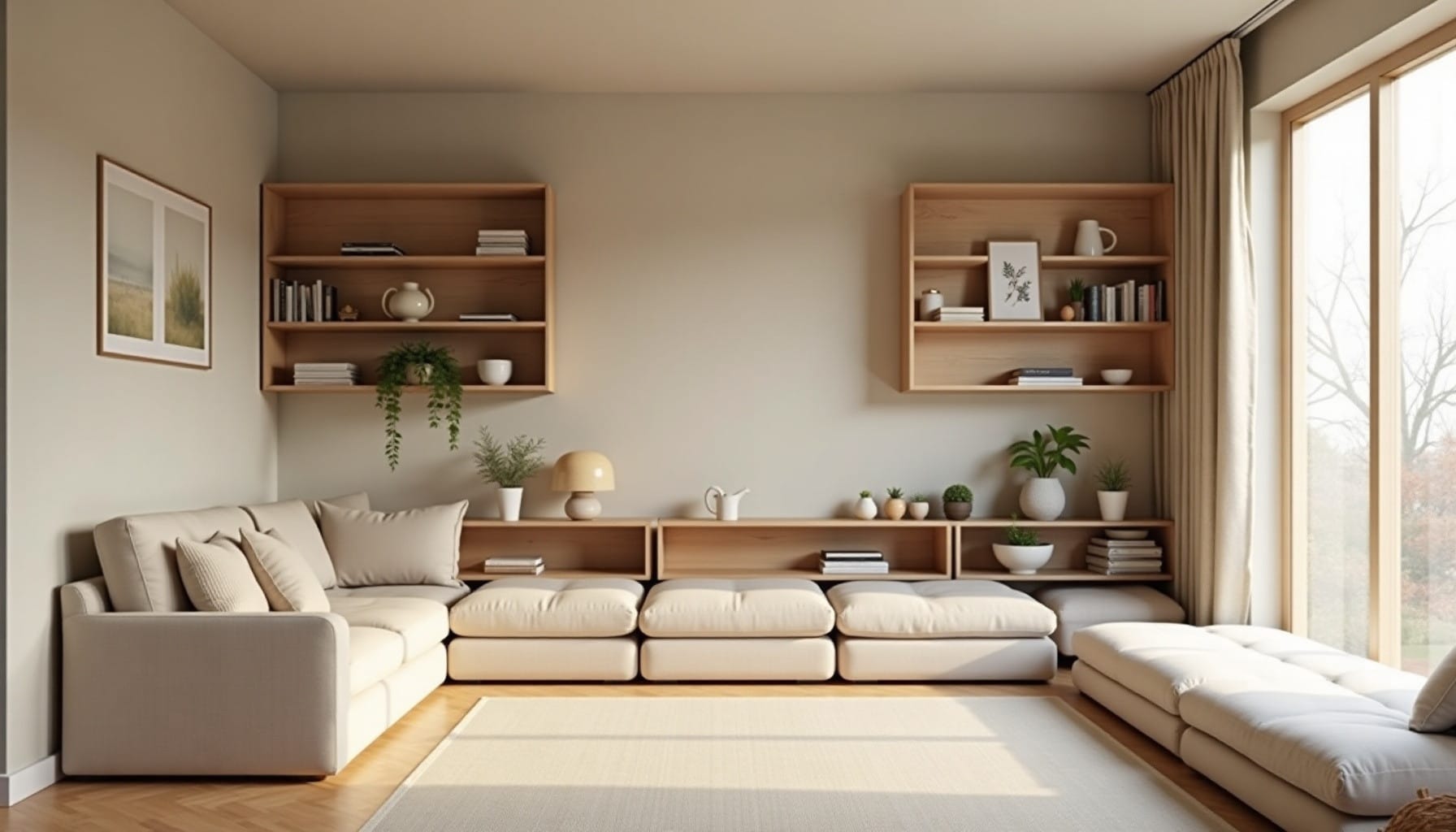 shelving units for living room — natural textures