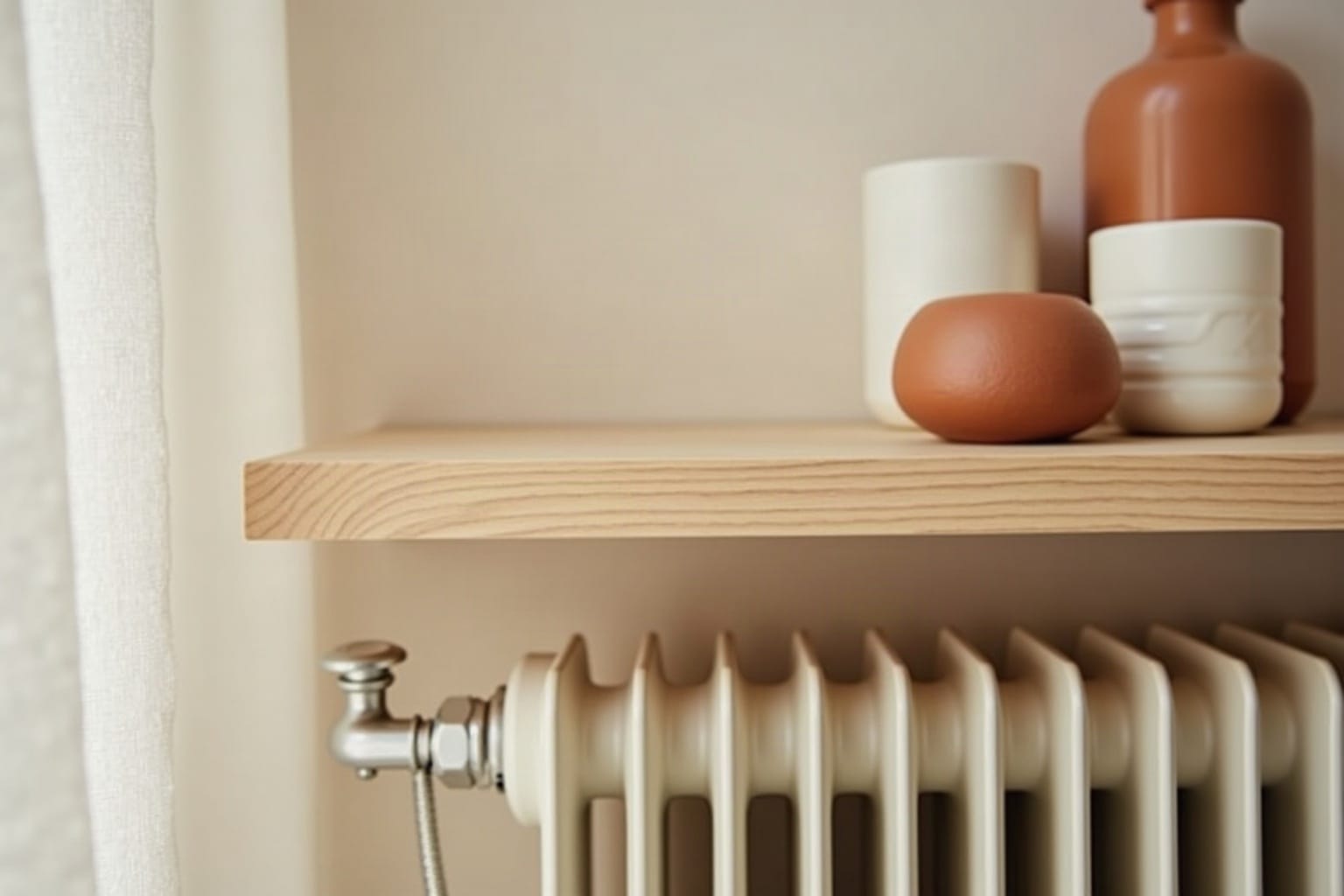 oak radiator shelf, warm minimal detail