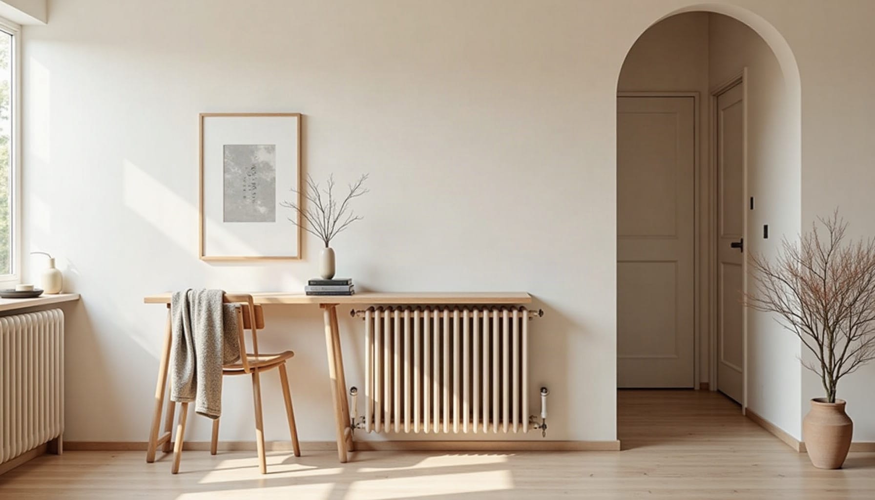 oak radiator shelf, natural textures