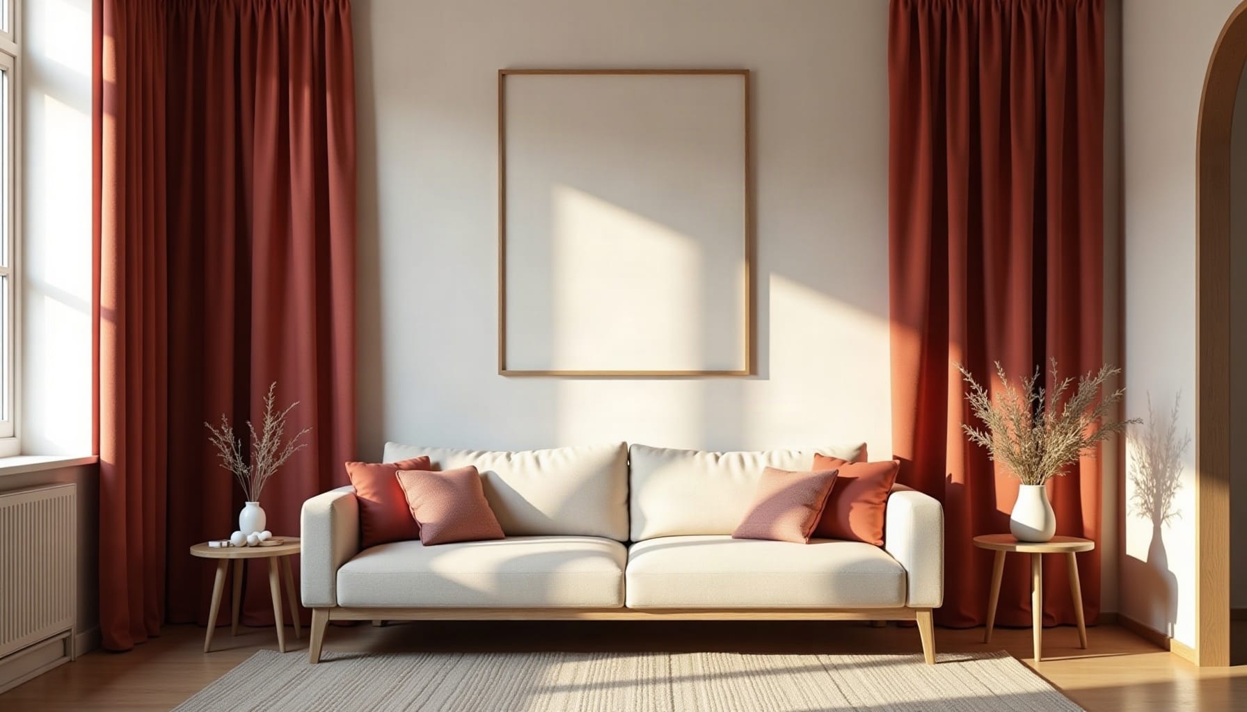 dark red curtains, natural textures