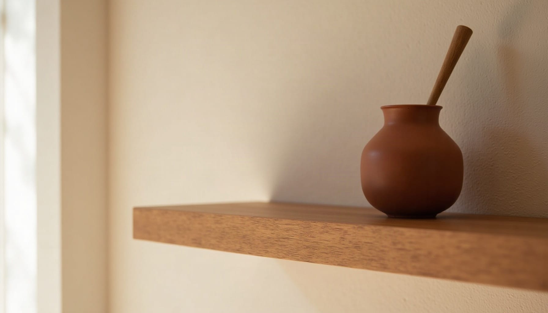 teak wall shelf — warm minimal detail