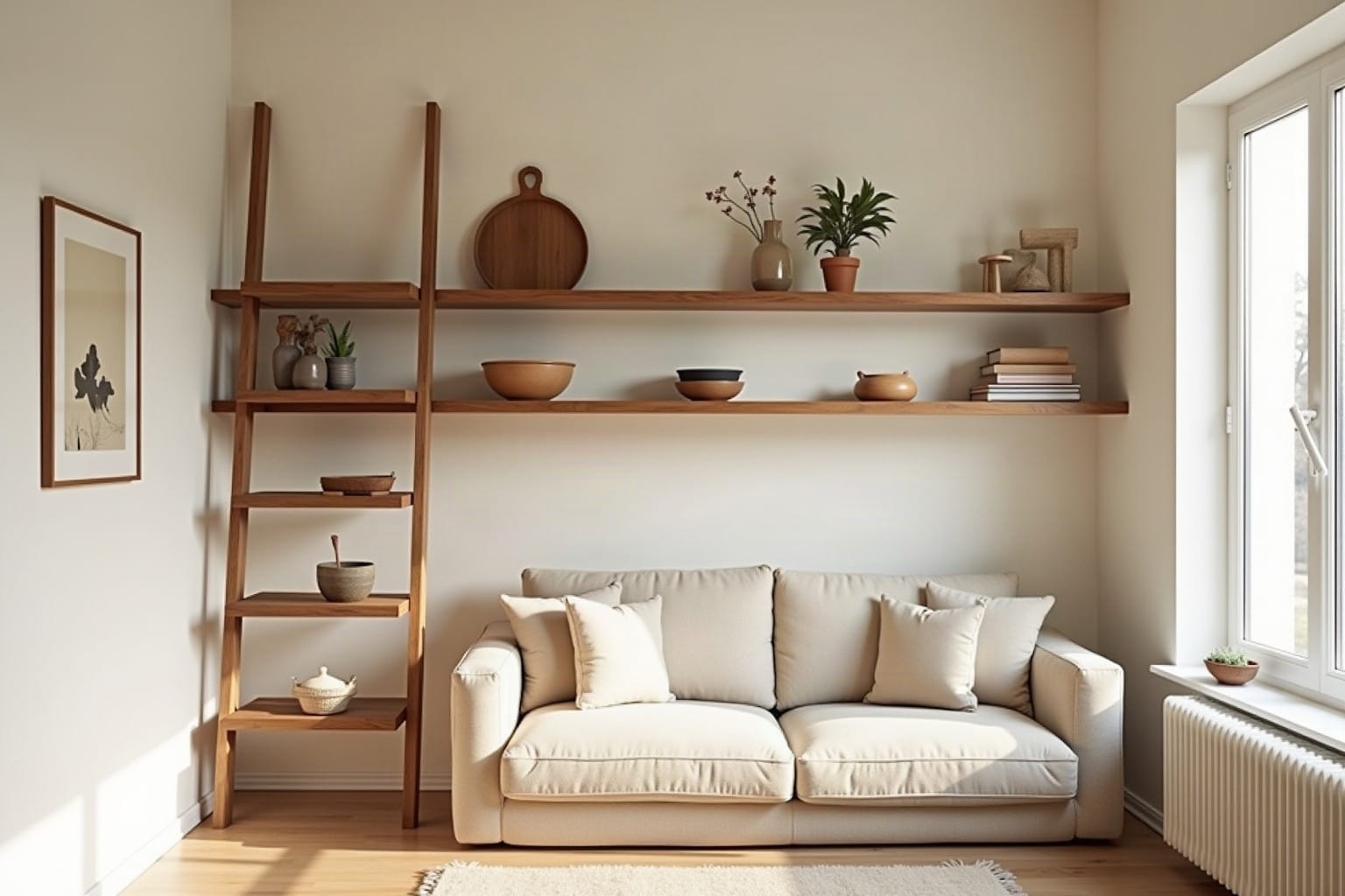 teak shelves, natural textures