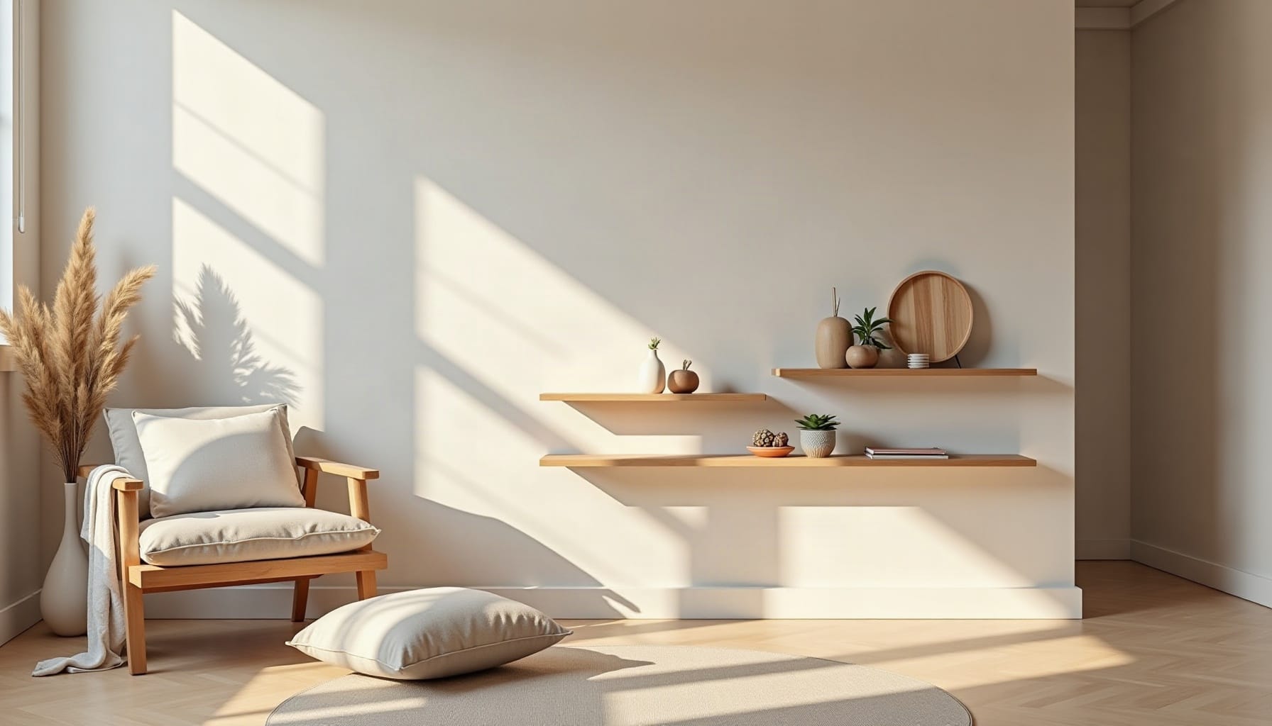media wall shelf decor, natural textures
