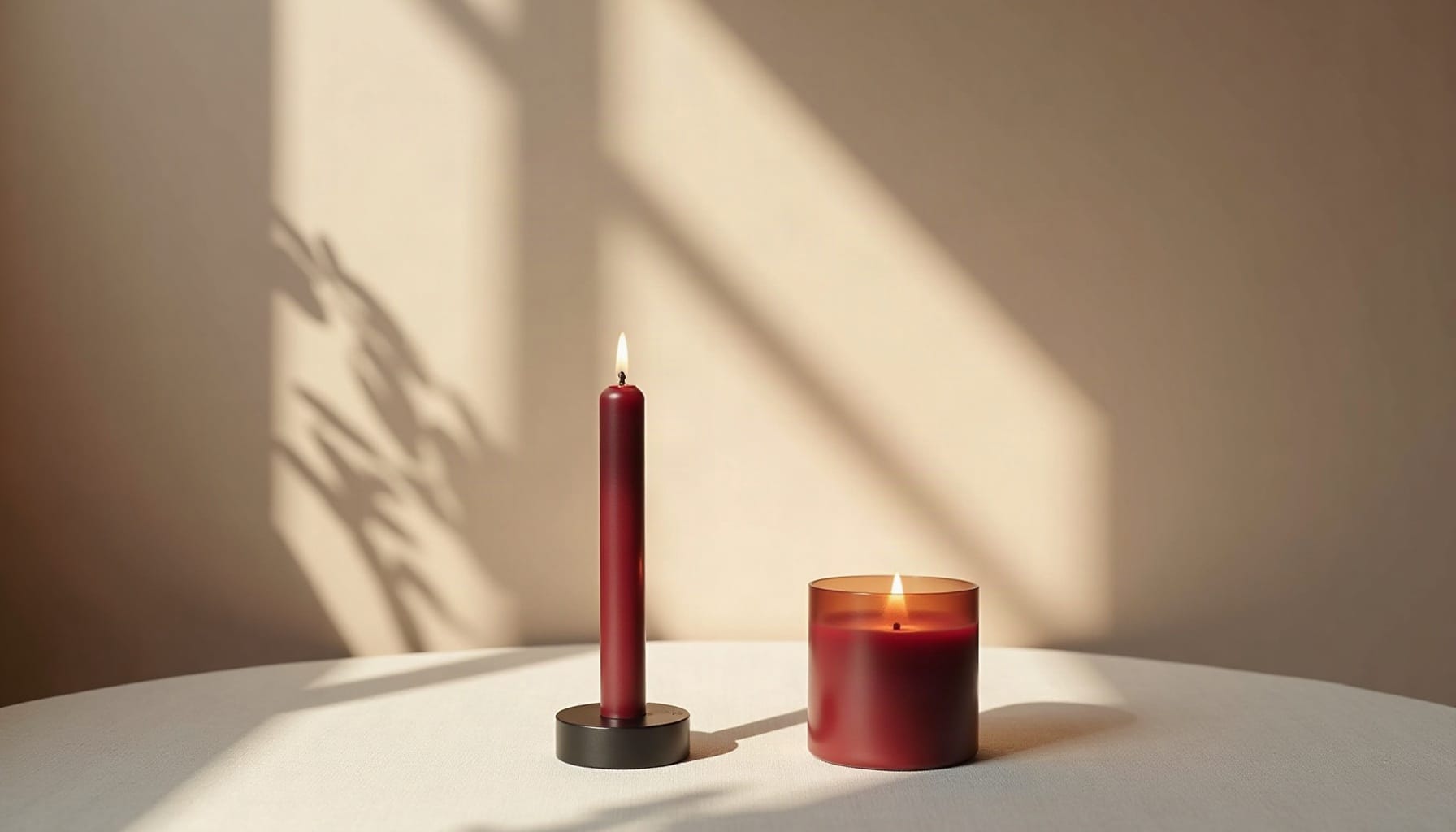 dark red candle, natural textures
