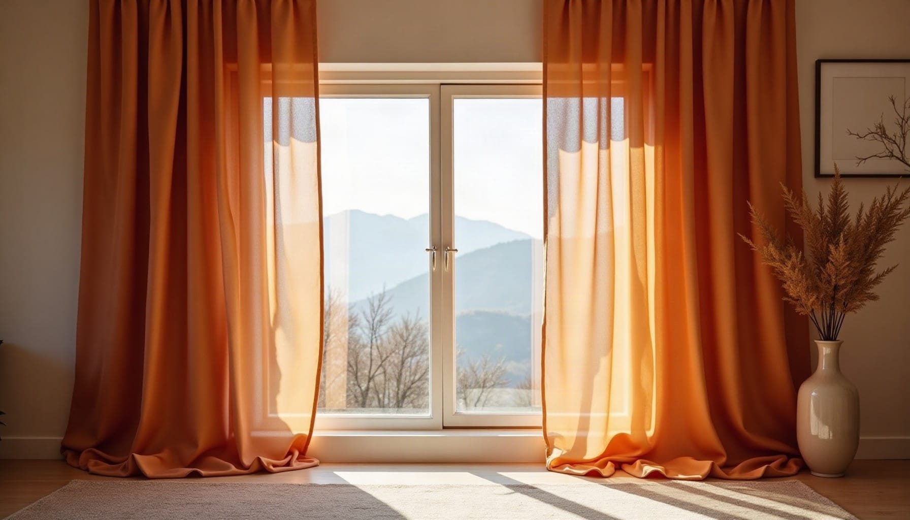 dark orange curtains, natural textures