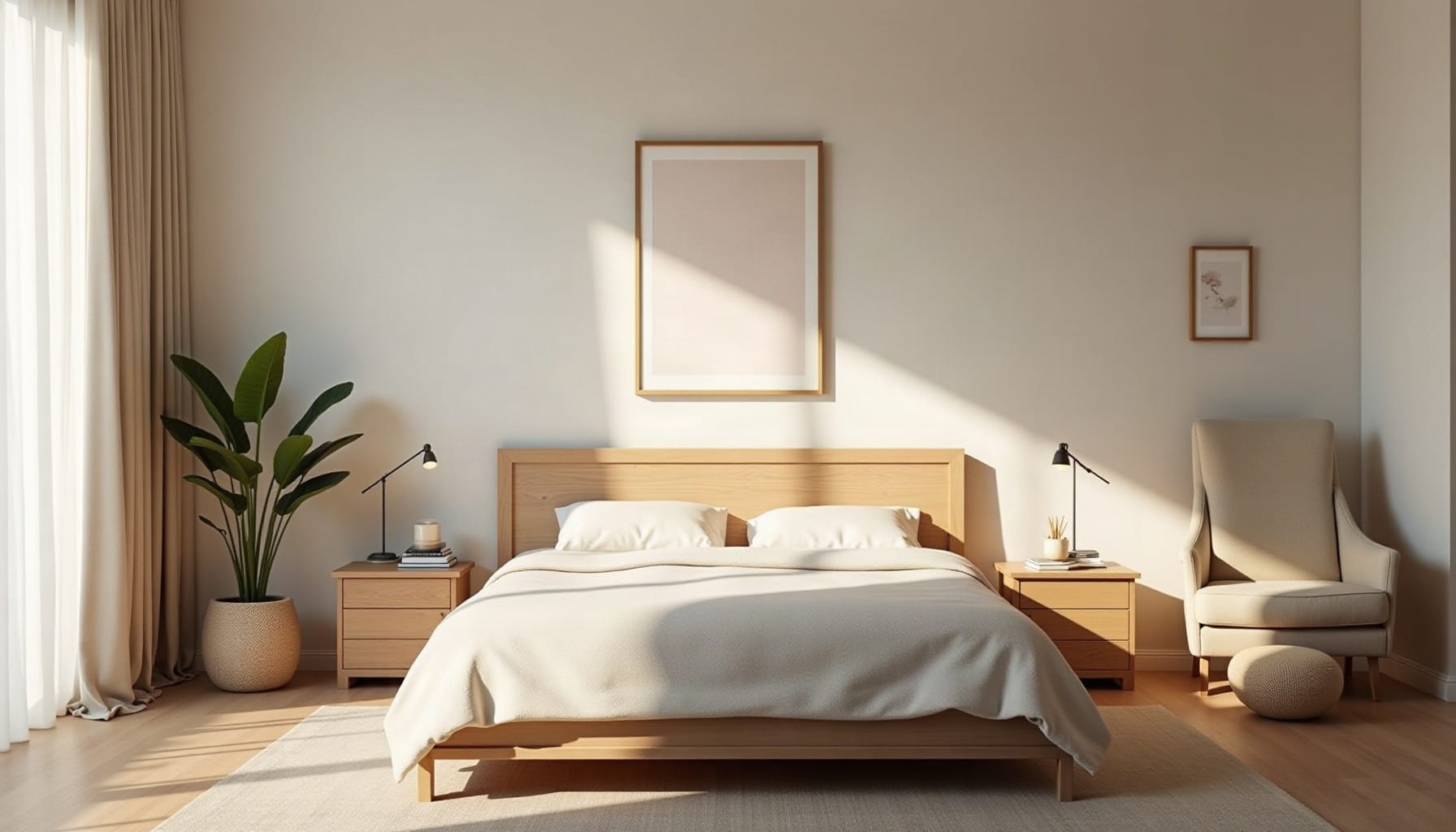 dark wood bed, natural textures