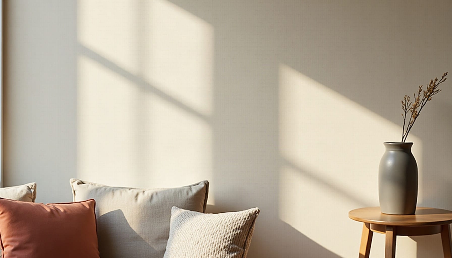 grey wallpaper living room, warm minimal detail