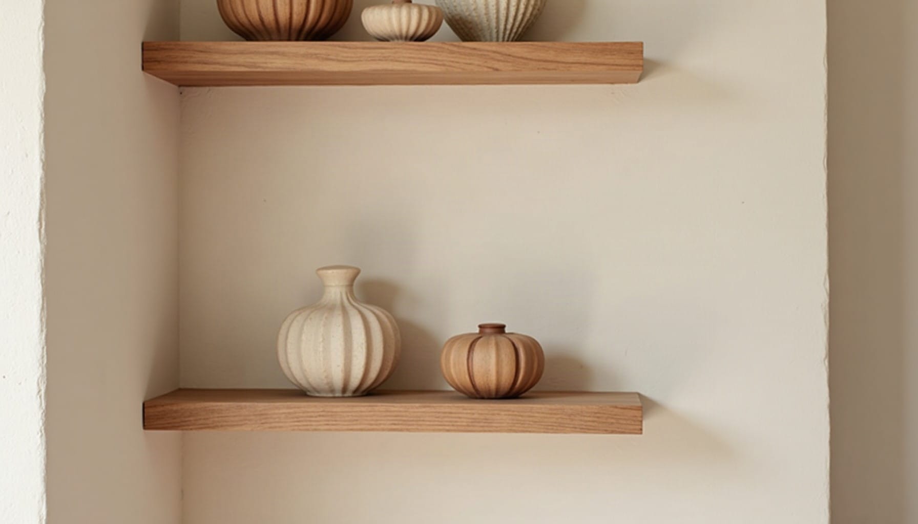oak floating shelves uk, warm minimal detail