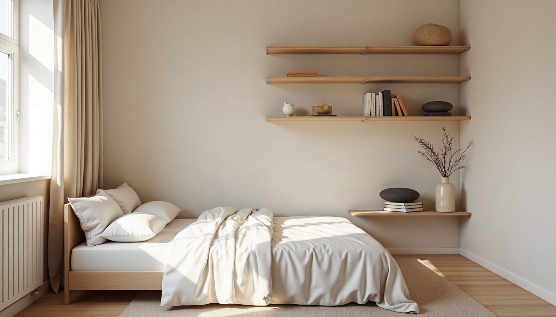 bedroom wall shelves ideas, natural textures