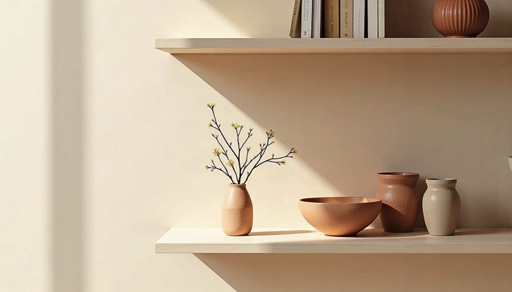 bedroom wall shelves ideas, warm minimal detail