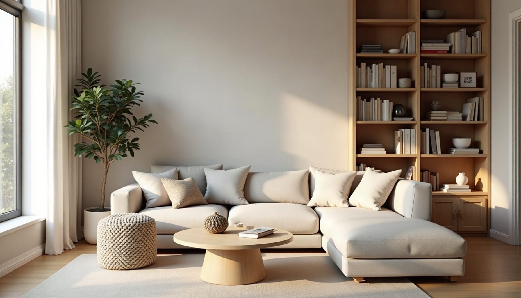 living room bookshelf decorating ideas, natural textures