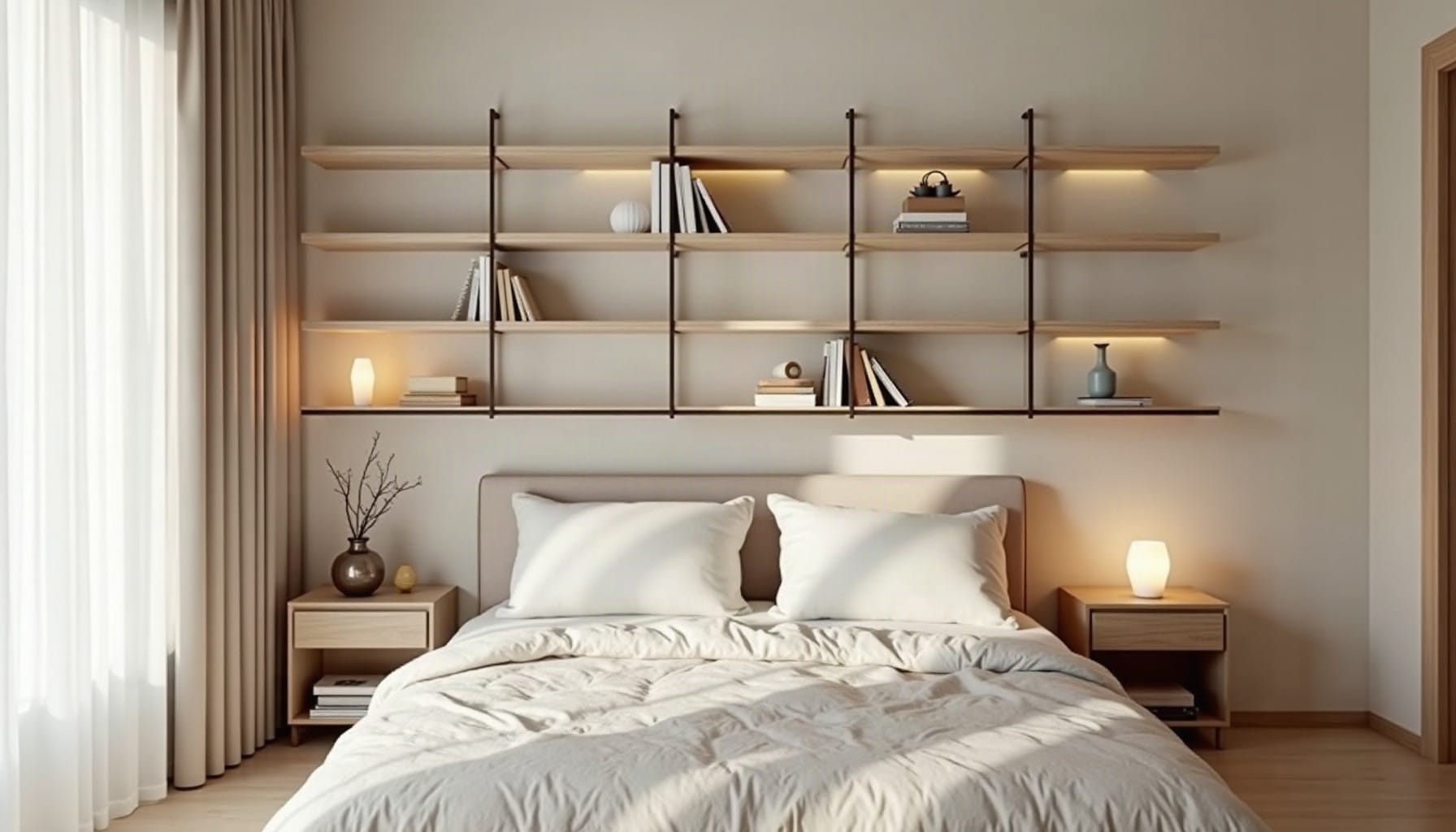 what to put on shelves in bedroom, natural textures