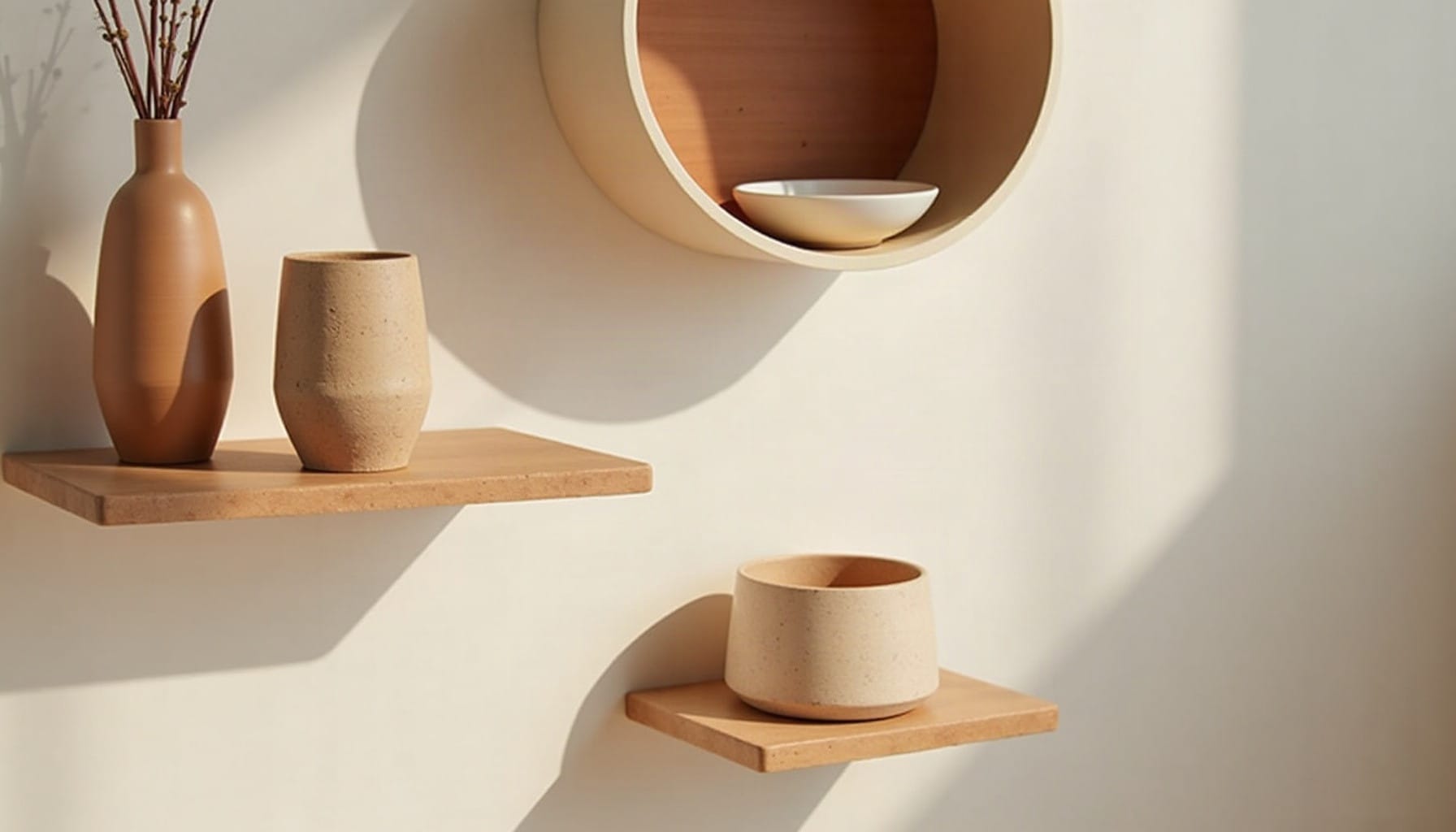 living room wall mounted shelves, warm minimal detail
