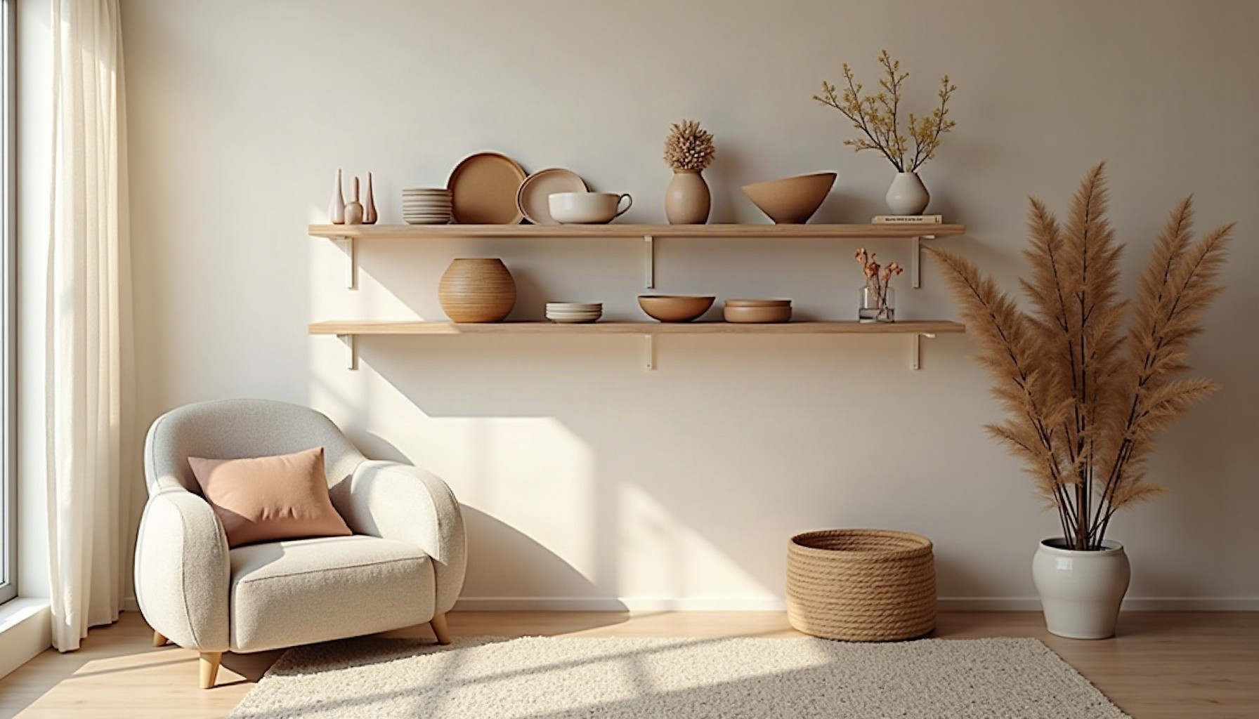 boho shelf wall, natural textures