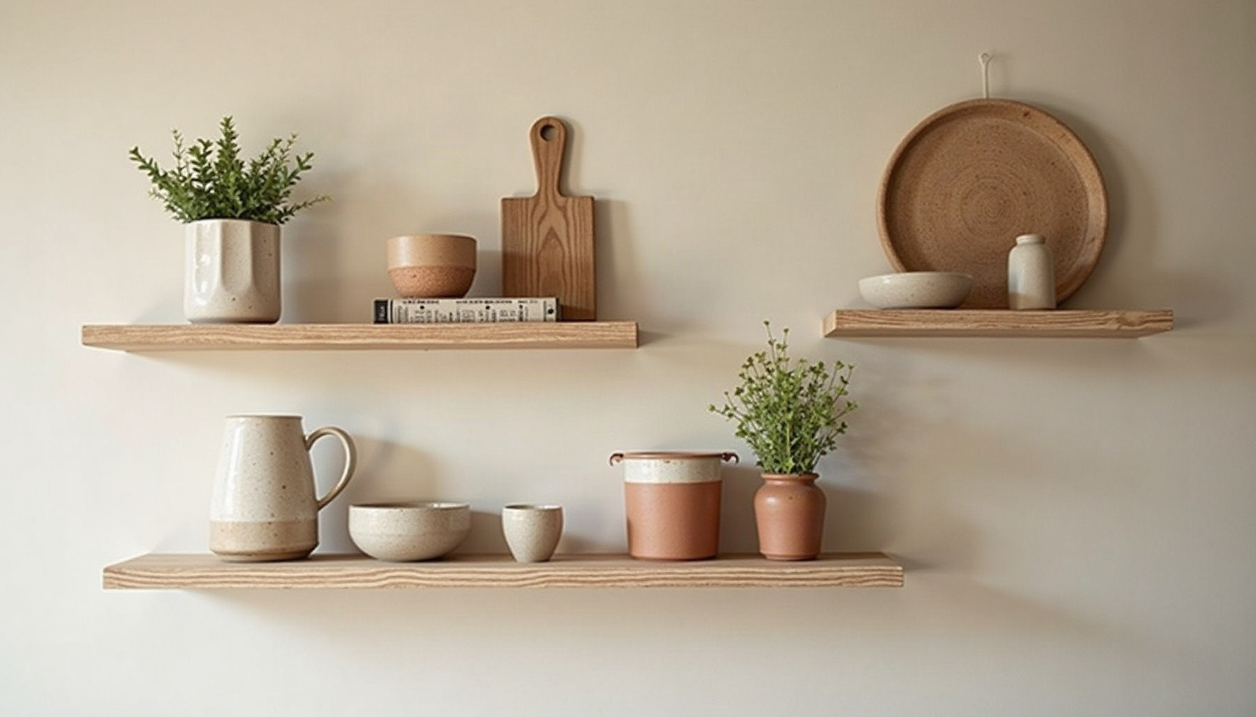 shabby chic wall shelves, warm minimal detail