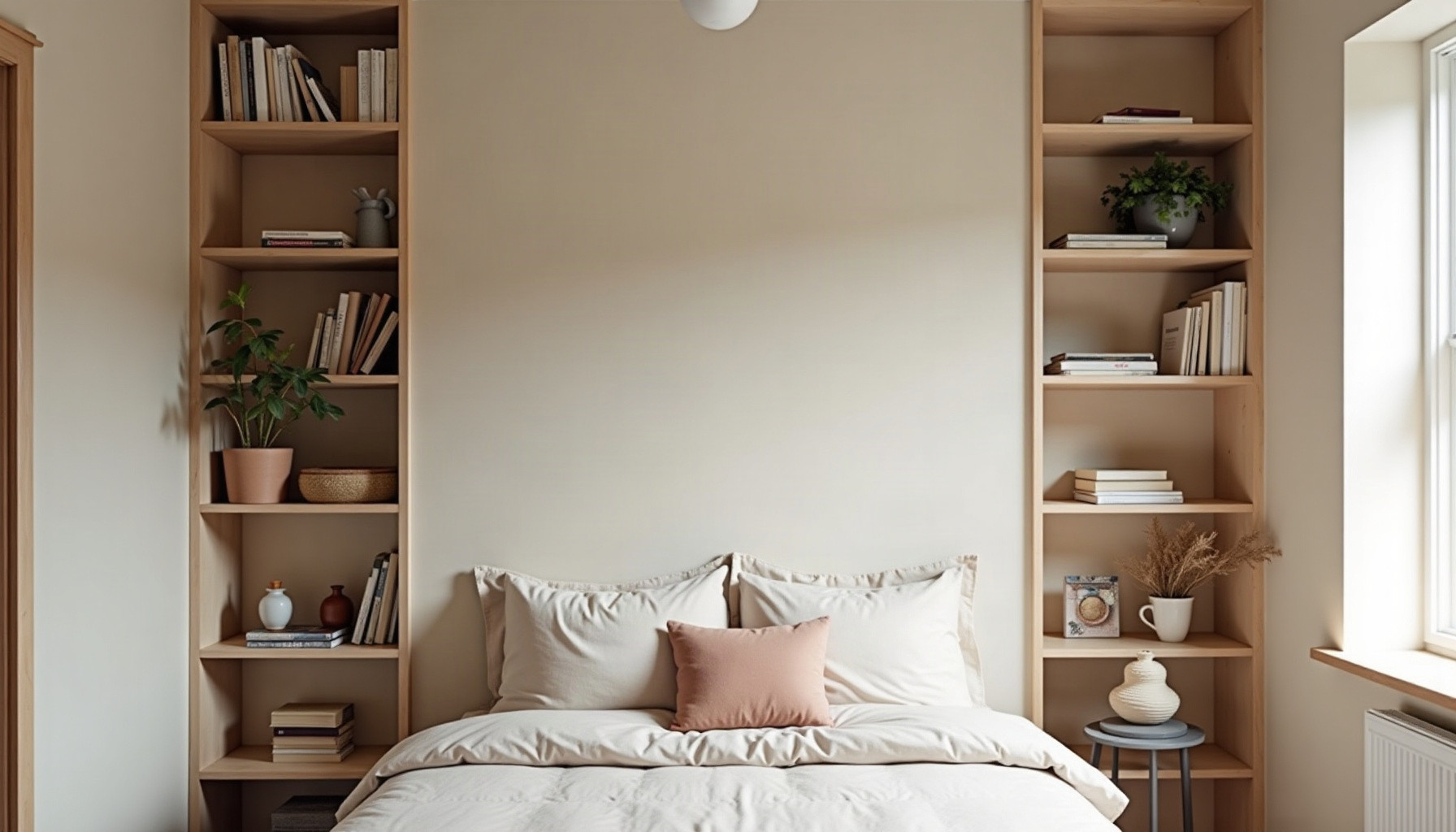 bedroom wall bookshelves, natural textures