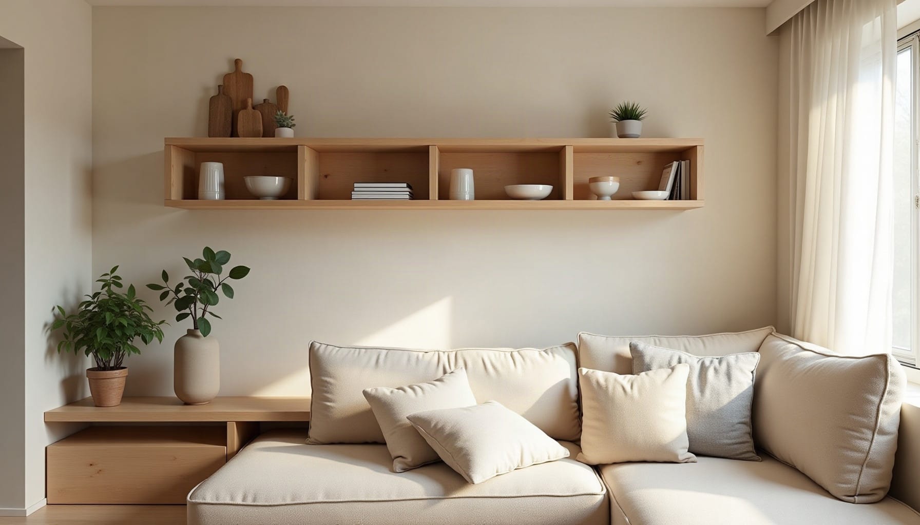 living room wall mounted shelves, natural textures